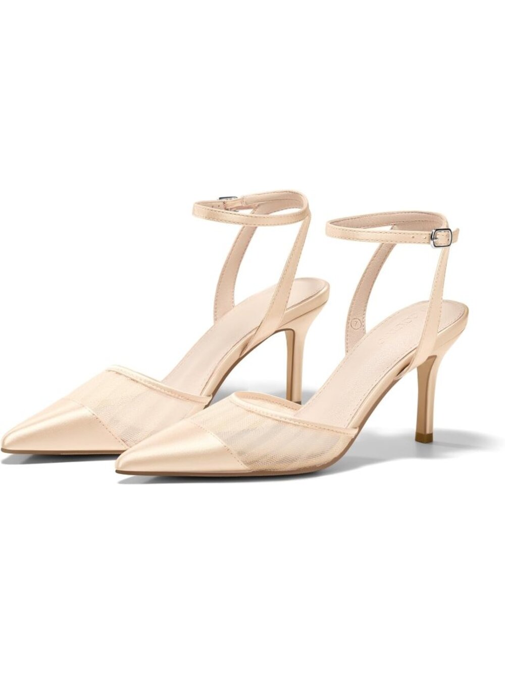 Women's Nude Closed Toe High Heels Satin Pointed Toe Ankle Strap Patchwork